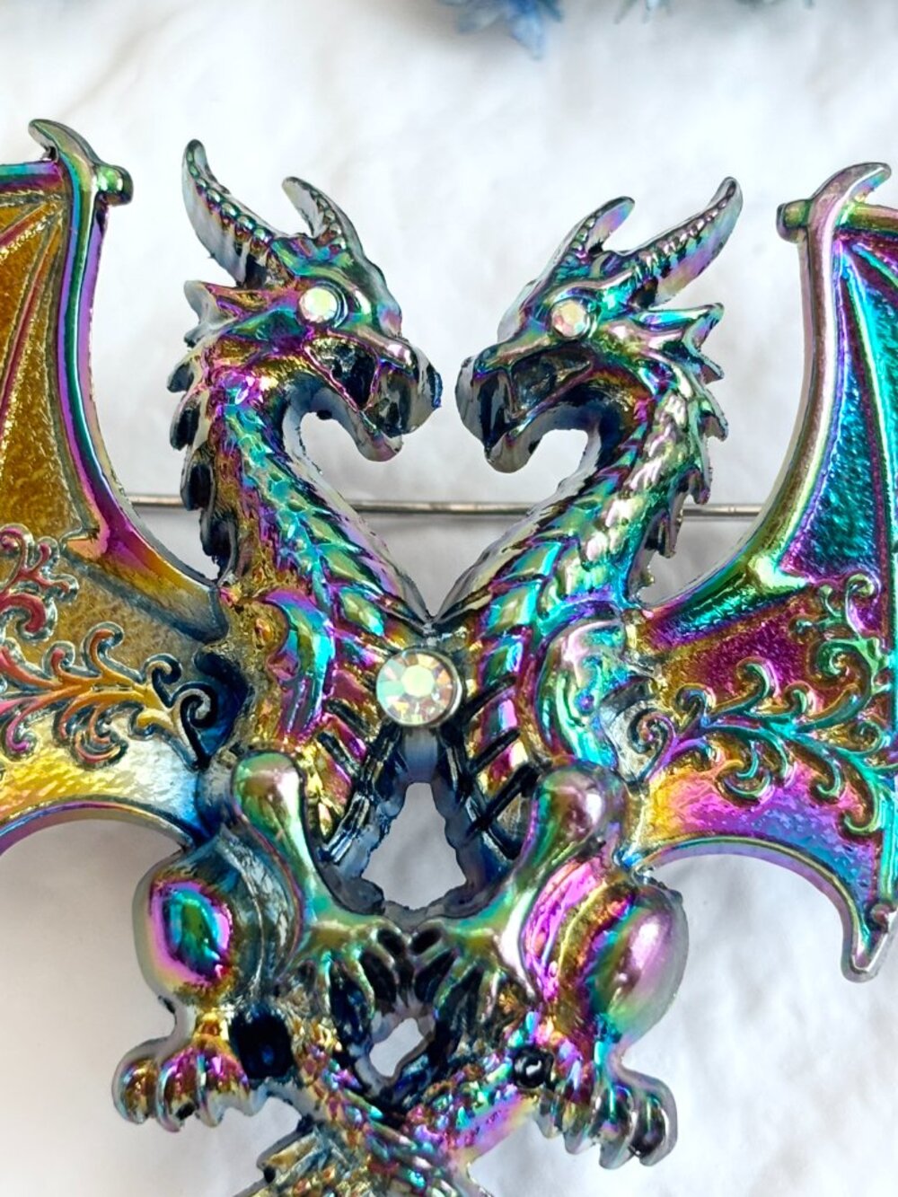 Iridescent Twin Dragon Figural Rhinestone Accented Vintage Inspired Brooch Pin - Picture 5 of 16